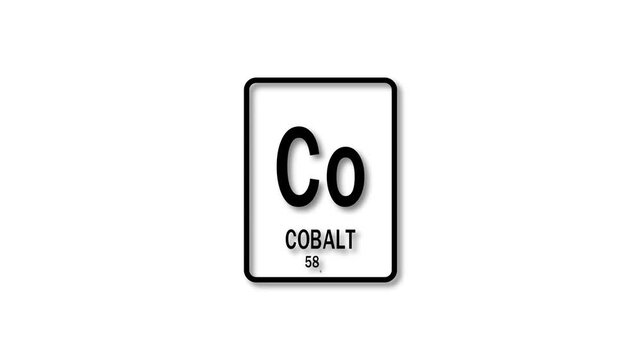 58.93 as Element 27  of the Periodic Table. Design shows name, atomic weight and element number. black background 4k animation.