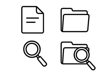 Search and file linear icon set, document and folder with magnifying glass, magnifier outline icons collection, vector cartoon illustration, office and organization tools design