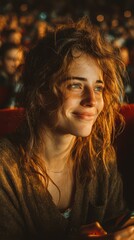 Young woman enjoying a joyful moment at an evening event with uplifting ambiance and warm lighting