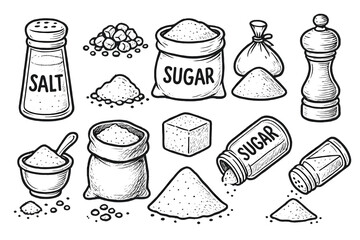Hand drawn salt and sugar collection. Spice and seasoning set sketch. Vector doodle illustration of kitchen ingredients like shaker, pepper mill, bag, cube and pile.