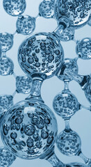 Close-up of a molecule model, showcasing transparent spheres connected by thin tubes, filled with smaller bubbles, symbolizing scientific research, innovation, or molecular structure