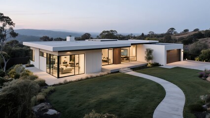 Modern Single Story House with Large Glass Windows and Flat Roof in Nature Setting