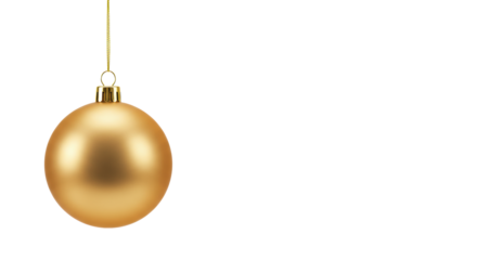Elegant matte gold Christmas bauble ornament with golden cap and string, suspended against a pristine transparent studio background with copy space, festive luxury marketing concept