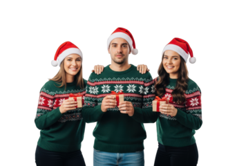Festive Friends Exchanging Gifts A Group of Three People Wearing Holiday Sweaters and Santa Hats Holding Wrapped Presents Against a Transparent Background