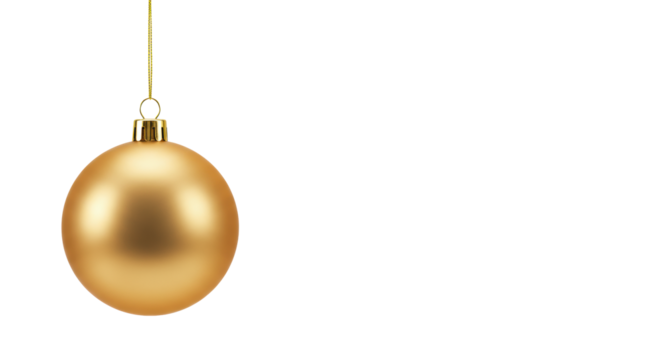 Elegant matte gold Christmas bauble ornament with golden cap and string, suspended against a pristine transparent studio background with copy space, festive luxury marketing concept