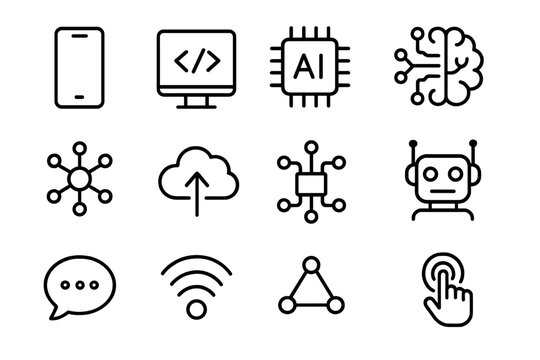 Technology and AI line icon set with communication icons, neural network symbols, robot and cloud upload vector collection, transparent background cartoon illustration, ordered set