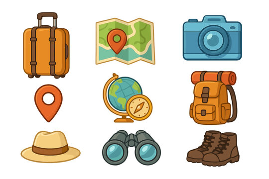 Travel icons set representing essential adventure and exploration items for vacation planning, including luggage, map, camera, backpack, hat, binoculars, globe, and boots, vector cartoon illustration