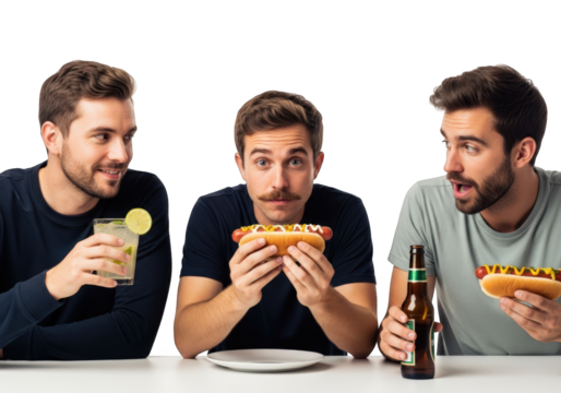 Three Friends Enjoying Hot Dogs and Drinks at a Table with a Transparent Background Ideal for Adding to Various Digital and Print Media Projects