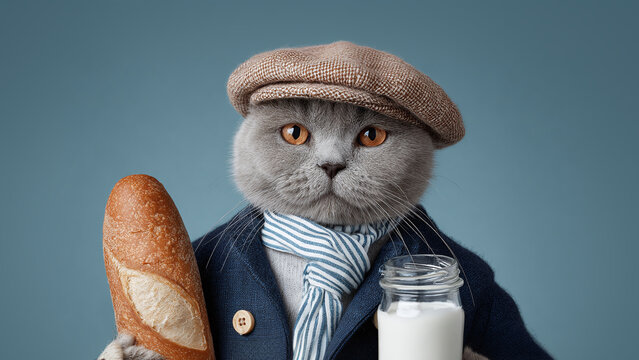 Whimsical feline in tweed cap carrying baguette and milk. A delightful blend of humor and charm. A perfect image for lighthearted content.