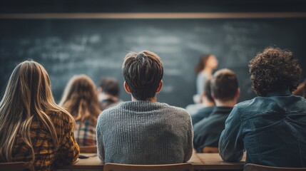 Students in a classroom, viewed from behind, focus on the chalkboard. Classroom setting promotes learning and attentiveness to the lesson being taught.