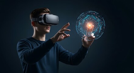 Man wearing virtual reality headset interacting with a digital sphere, showcasing innovative technology and immersive experience in the metaverse