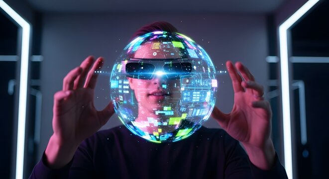 A young man wearing a vr headset is immersed in a virtual reality experience, interacting with a digital world displayed as a sphere around his head - Powered by Adobe