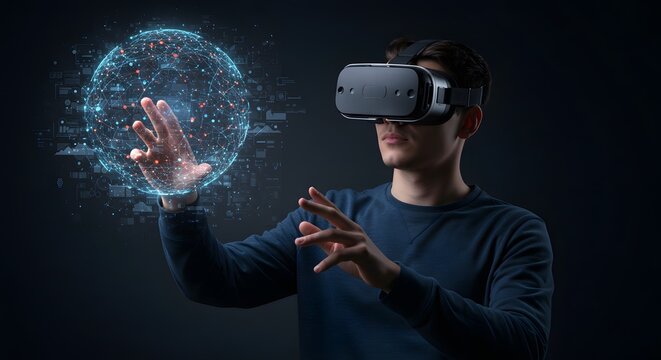 A man wearing a virtual reality headset interacts with a digital globe, exploring the future of technology and immersive experiences in a modern setting