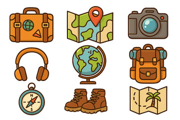 Travel icons representing essential adventure and exploration items for vacation planning, hiking gear, navigation tools, camera, backpack, globe, and map in vector cartoon illustration set