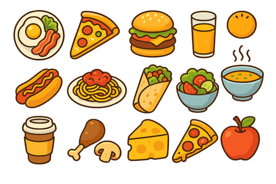 Set of food and drink icons. Vector cartoon illustration of fast food meal options like pizza, burger, pasta, and healthy choices like salad, apple and juice. Menu design elements.