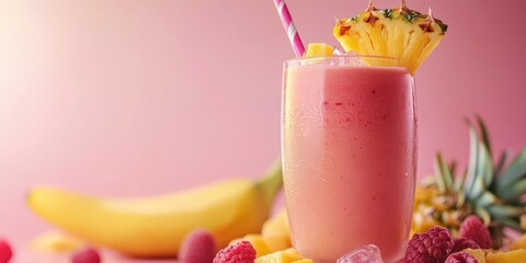 Refreshing fruit smoothie in a vibrant setting with tropical elements and bright colors, perfect for a summer treat