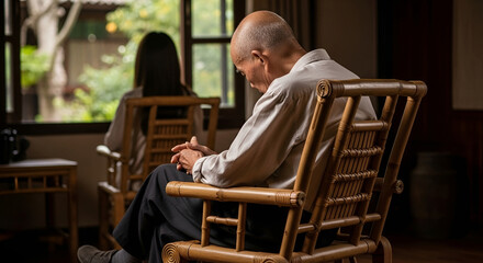 Elderly man and woman seated in a tranquil room, contemplative and reflective.