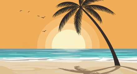 Tropical beach at sunset with palm tree silhouette and birds flying