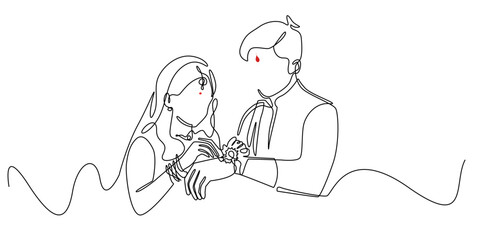 Continuous line illustration of Raksha Bandhan celebration, showing sister tying rakhi on brother’s wrist with minimalist style and red accent, perfect for festival, tradition, and cultural design.
