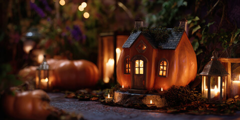 Carved pumpkin house glowing warmly with candles and lanterns in cozy autumn night setting with soft bokeh lights
