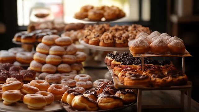A delectable array of donuts and pastries, showcased on tiered stands, creates a visually appealing and tempting dessert spread
