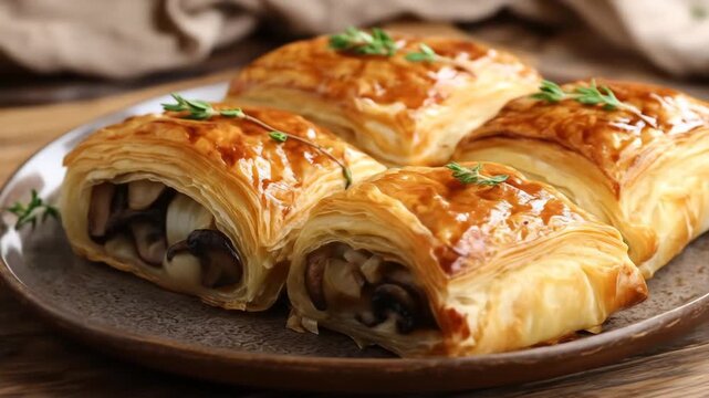 Appetizing close-up of golden puff pastry bundles filled with mushrooms and onions, showcasing a savory baked recipe, ideal for a meal or appetizer