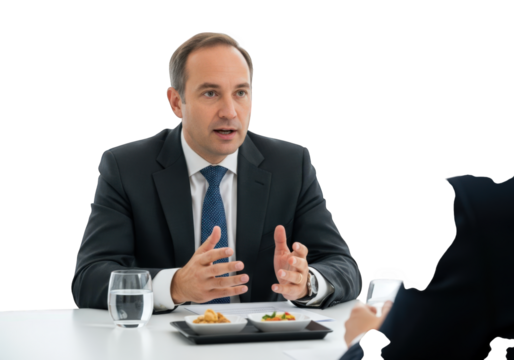 Professional Man in Suit Gesturing During a Meeting at a Table, Emphasizing Business Communication and Discussion Against a Checkered Background