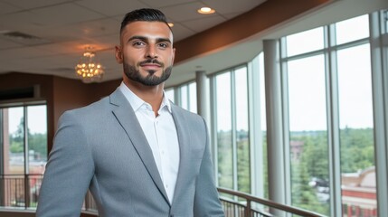 Fototapeta premium Professional Man in Smart Grey Suit Posing Confidently Near Large Windows with Scenic View in Modern Interior