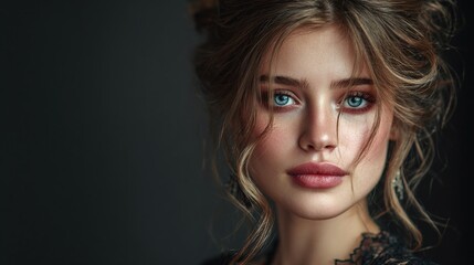 Obraz premium Portrait of a fair-skinned woman with striking blue eyes and elegantly styled hair, set against a dark background, emanating grace and natural beauty.