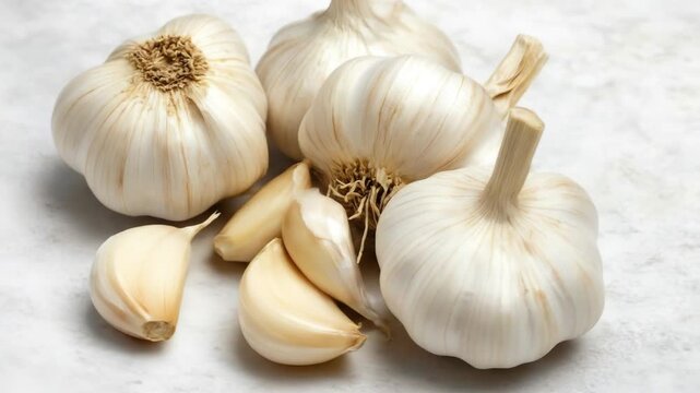Close-up view of garlic bulbs and cloves, rotating slowly against a light background, showcasing texture, form, and color of this common spice