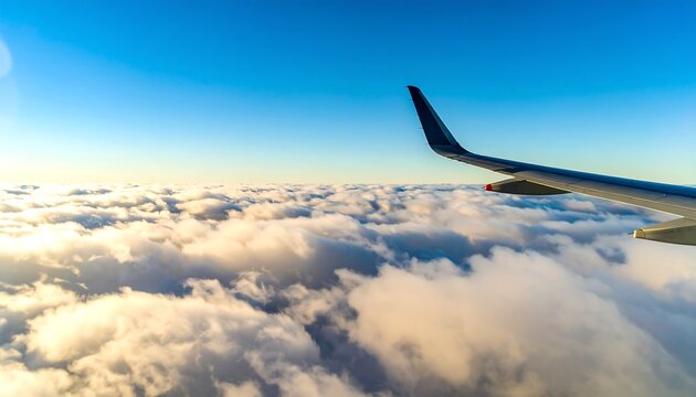 High-altitude view of cumulus clouds beneath a plane's wing against a vibrant blue sky.