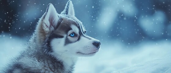 Adorable husky puppy in snow, bluewhite tones, cinematic close shot