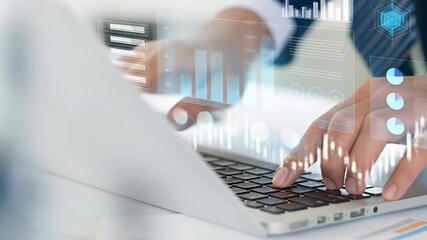 Close-up of hands typing on a laptop with overlaid financial data visualizations - Powered by Adobe