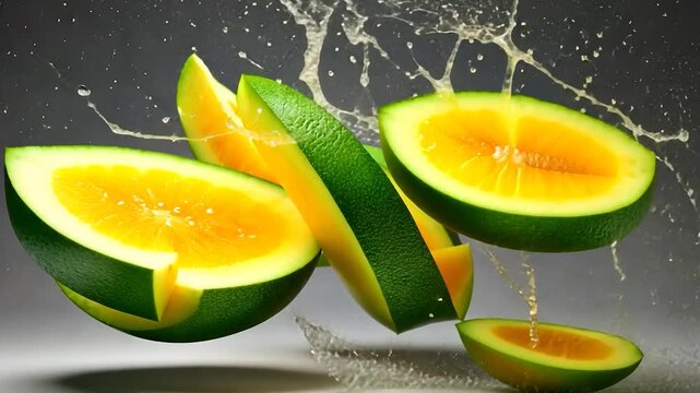 Sliced melon in mid-air with splashes
