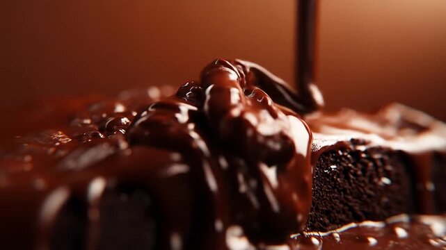 Chocolate flows over brownie, showcasing texture, gloss, and rich brown hues.  Represents indulgence, decadence, and sweet treat