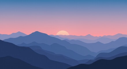 Mountain range view at sunset with layered distant peaks and soft colors