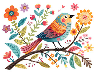 Fototapeta premium Folk art bird floral branch colorful vibrant image