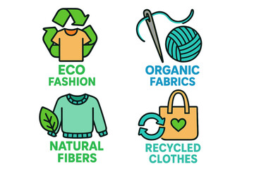 Sustainable Fashion Icons Set with Eco Clothing, Organic Fabrics, Natural Fibers and Recycled Clothes Symbols in Bright Vector Cartoon Style on Transparent Background
