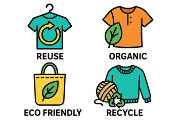 Sustainable Fashion Icons Set Featuring Reuse, Organic Clothing, Eco-Friendly Bags, and Recycling Concepts in Bright Vector Cartoon Style on Transparent Background
