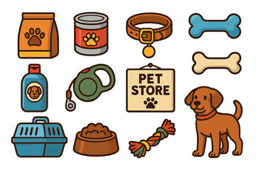 Icons of Pet Care Products and Essentials for Dog Owners at a Pet Store, Cartoon Style Vector Set with Food, Collar, Leash, Toys, Carrier, Grooming, and Dog Illustration
