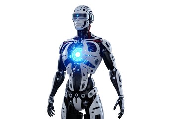 Humanoid android with glowing chest reactor emitting neon light, futuristic sci-fi design, isolated on pure white background.
