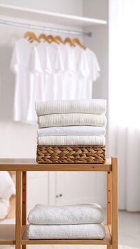 Clean, folded white clothes on a shelf