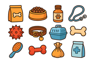 Collection of pet care icons with dog food, leash, collar, toys, grooming brush, medicine, carrier, and accessories in cartoon style, pet store essentials, vector illustration