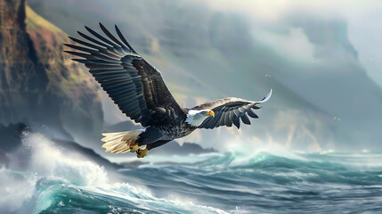 A bald eagle soars over a turbulent sea, with crashing waves and rocky cliffs, embodying strength and freedom in a dramatic coastal scene