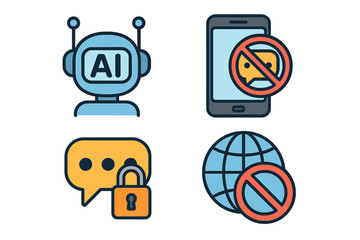 Technology Icons Representing Artificial Intelligence, Digital Communication Restrictions, Privacy Protection, and Online Security Concepts, Vector Cartoon Illustration