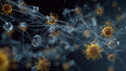 Global contamination, spreading network lines with viruses, 3D illustration.