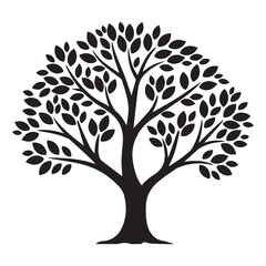 Obraz premium Black silhouette of a lush tree with a full canopy of leaves against a white background nature plant