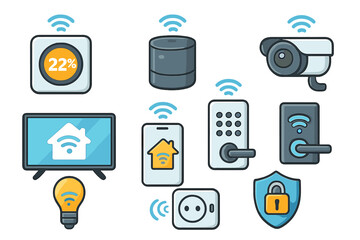 Smart Home Technology Icons Set, Modern Wireless Devices for Home Automation, Security, Convenience, Energy Efficiency, and Remote Control, Vector Cartoon Illustration