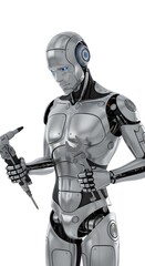 Industrial humanoid android holding futuristic repair tools, standing in working posture, realistic chrome textures, white background.
