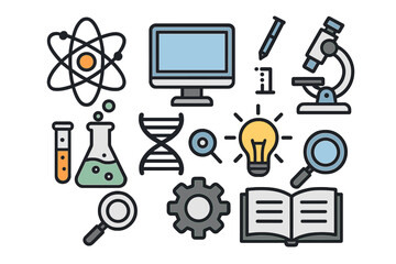 Modern vector set of science, technology, research, innovation, and education symbols in cartoon style with DNA, microscope, light bulb, computer, beakers, and magnifying glass icons